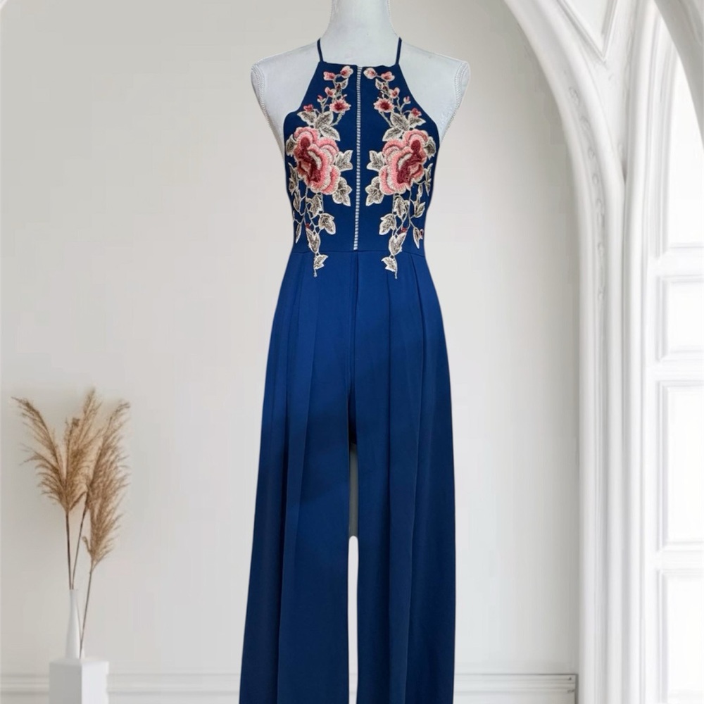 Elegant Blue Floral Embroidered Jumpsuit